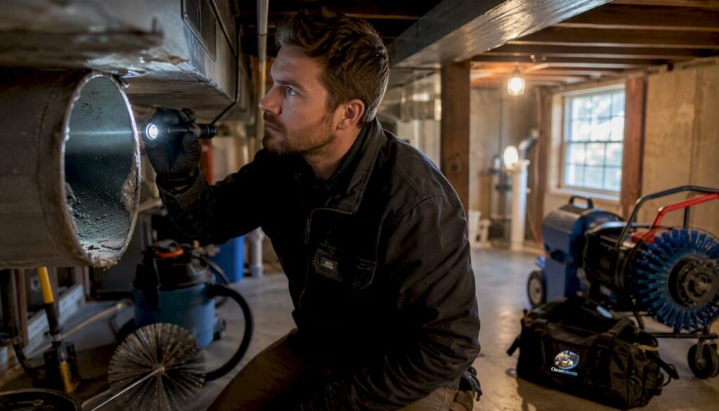 Technician inspecting air duct interior