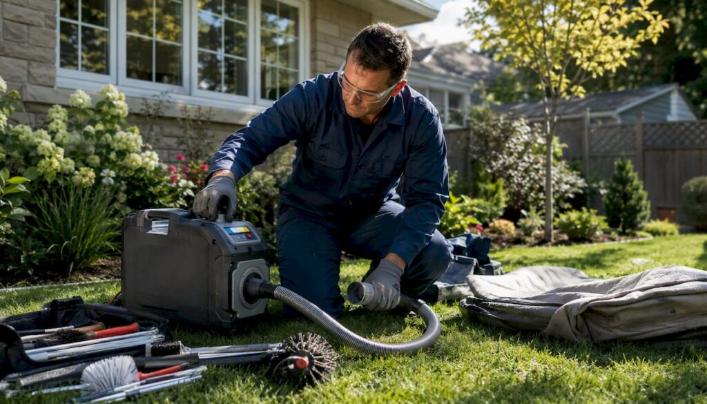 Technician operating duct cleaning machine in Laval driveway