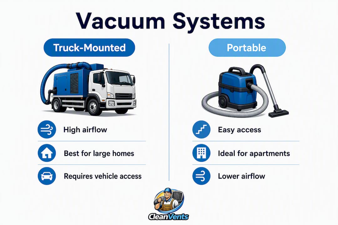 Infographic comparing truck-mounted versus portable vacuum systems for duct cleaning