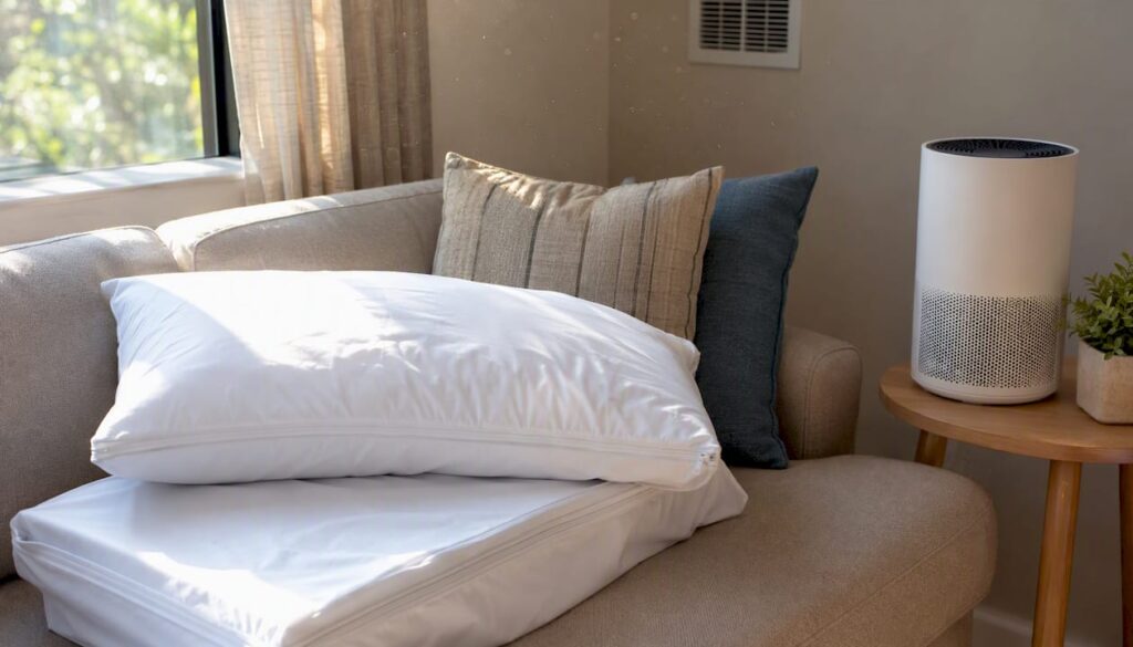 Bedroom with allergen-proof bedding and air purifier