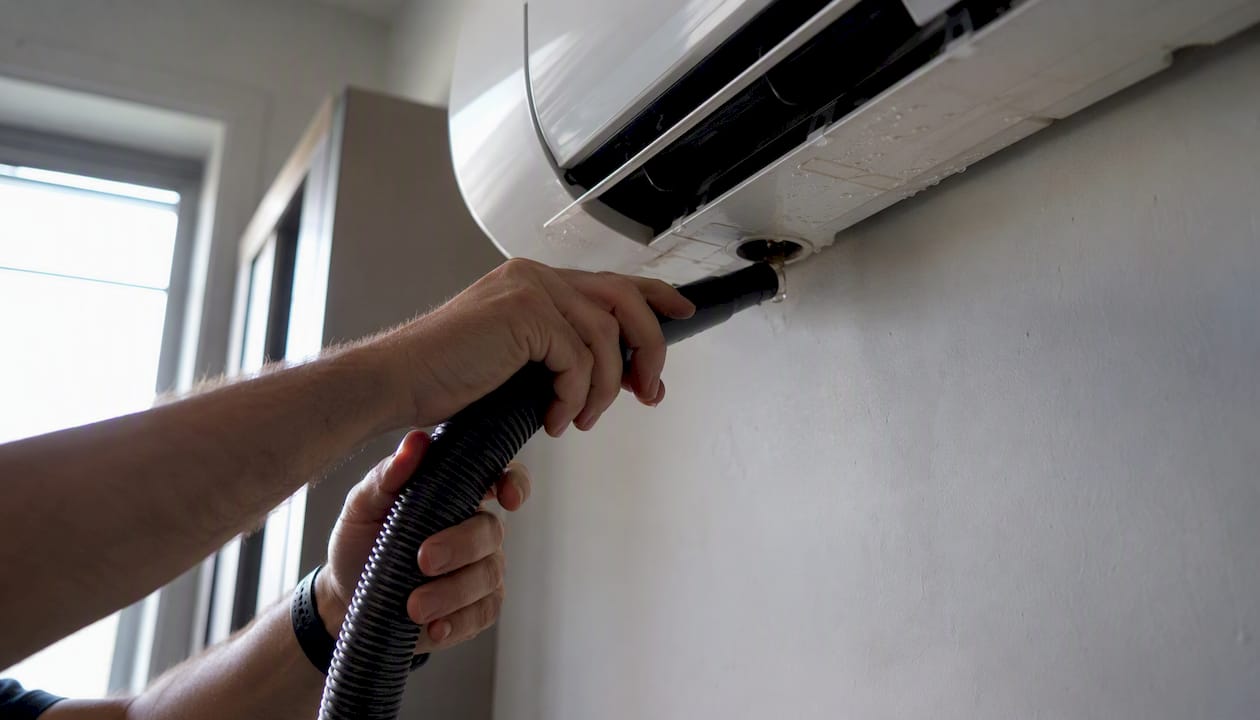 Hands using vacuum to clear mini split drain line