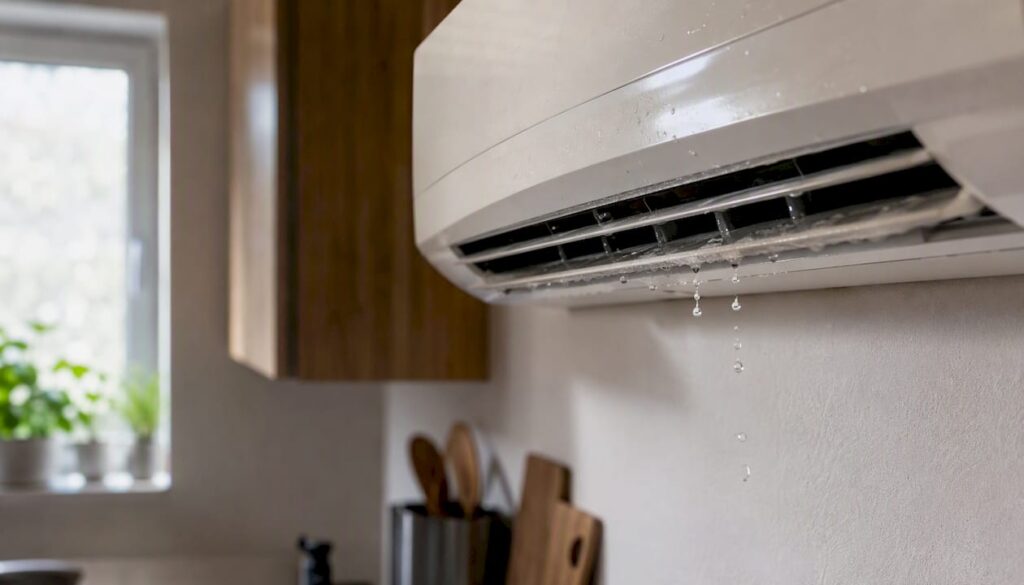 Mini split indoor unit dripping water close-up