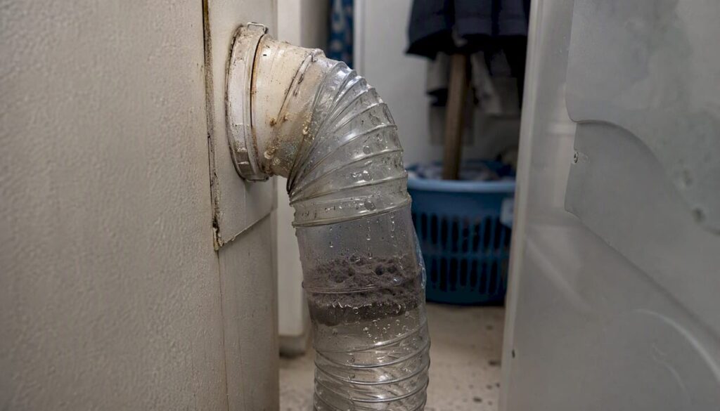 Wet lint buildup inside a dryer vent pipe