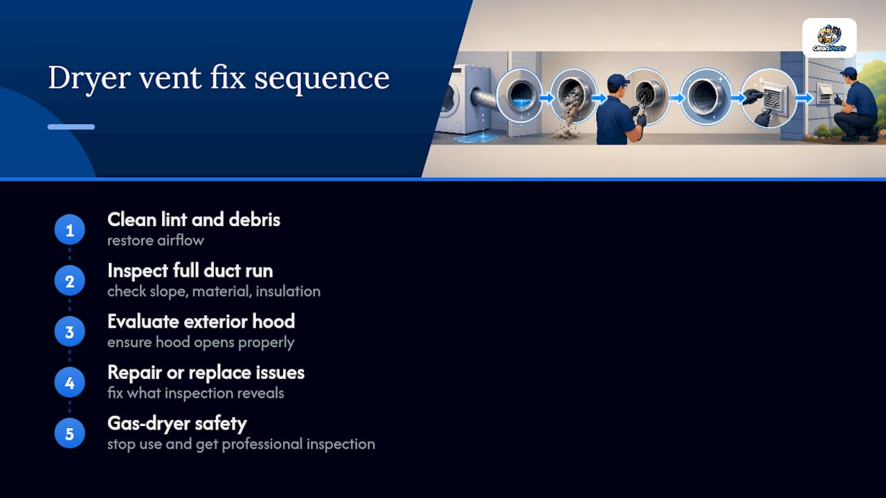 Diagram of dryer vent cleaning and repair steps