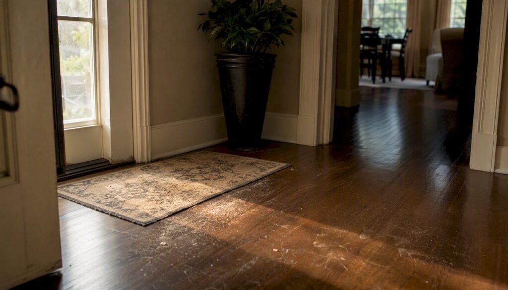 Dusty floor near entry mat in home hallway