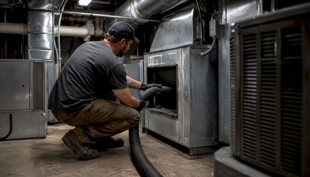 Technician cleaning commercial air duct