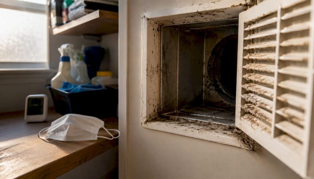 Close-up of residential HVAC vent with dust and moisture