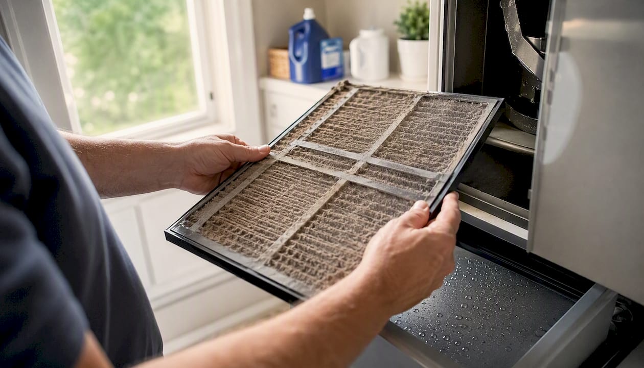 Hands removing dirty air filter from HVAC
