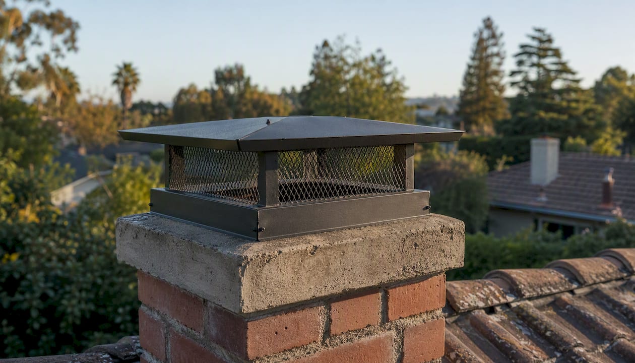 Chimney cap with mesh screen on house roof