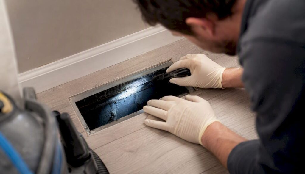 Technician inspecting duct register after renovation