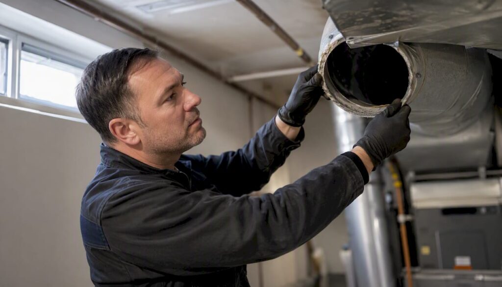 Technician inspecting residential air duct vent