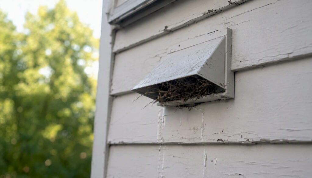 Bird nest blocking dryer vent exterior