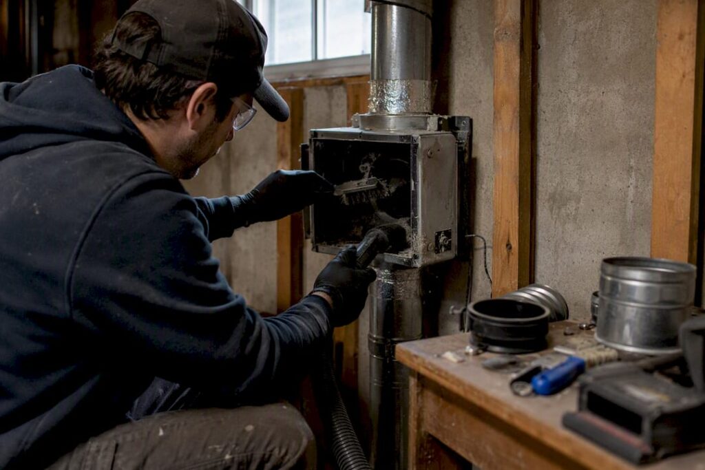 Hands cleaning dryer vent booster fan