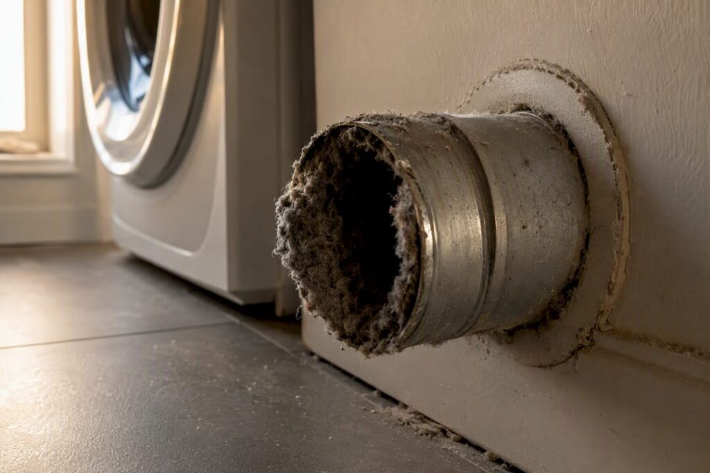 Dryer vent with lint buildup in condo laundry nook