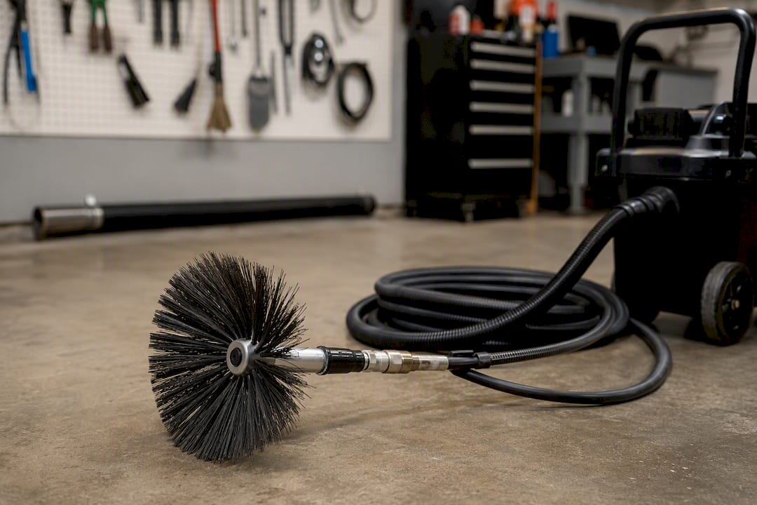 Rotary brush dryer vent cleaning tool in utility room