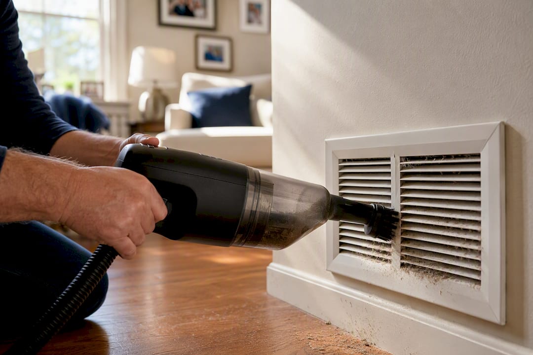 Hands vacuuming dusty air vent grille
