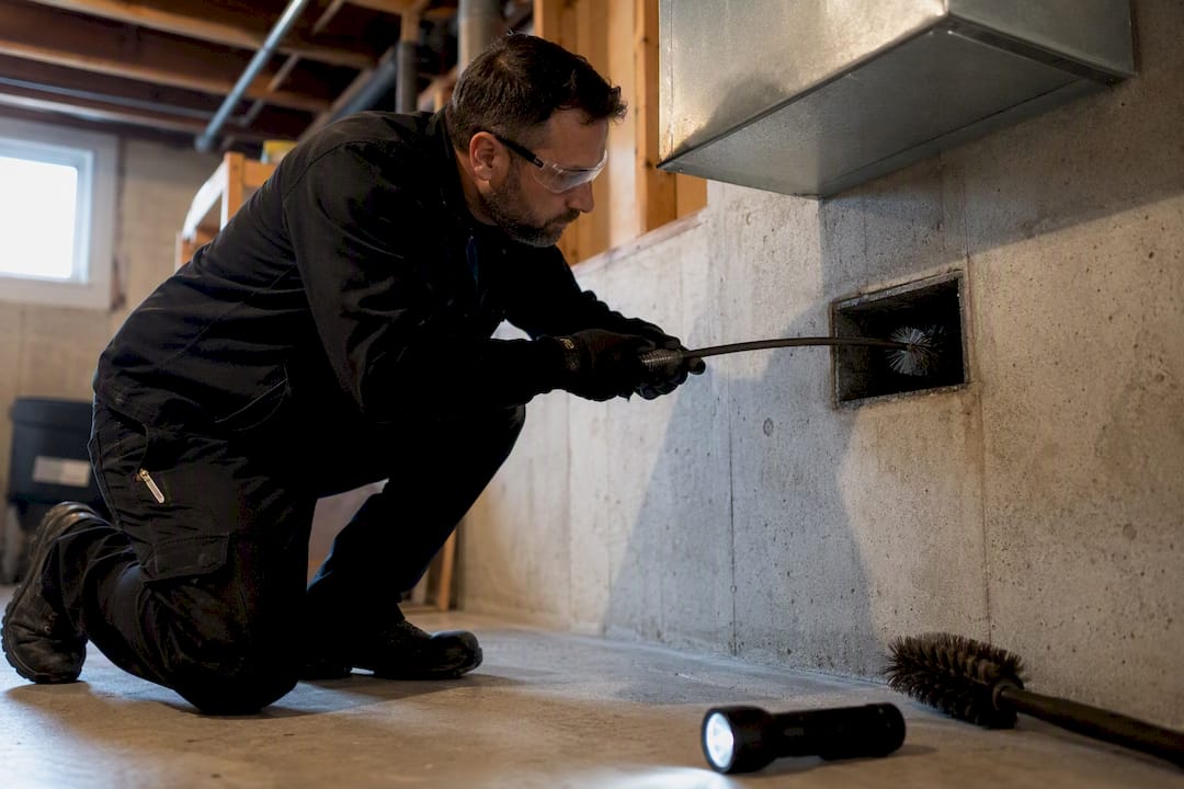 Technician cleaning home air duct vent