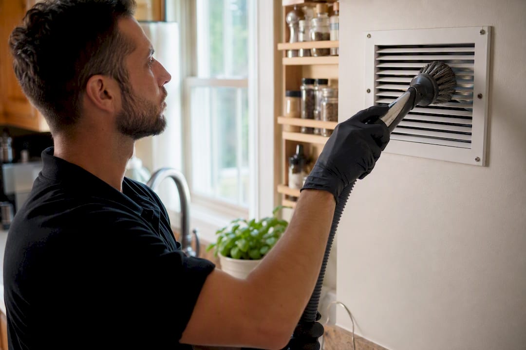 Technician cleaning home air duct vent