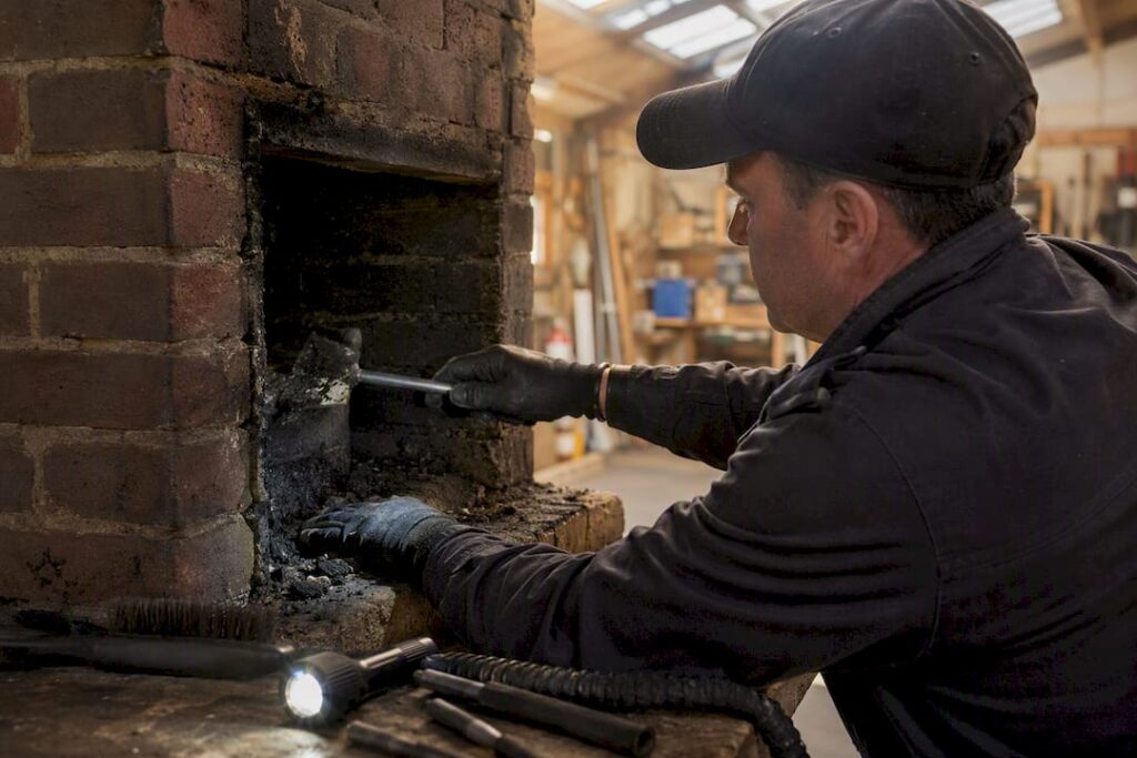 Hands brushing soot inside chimney flue