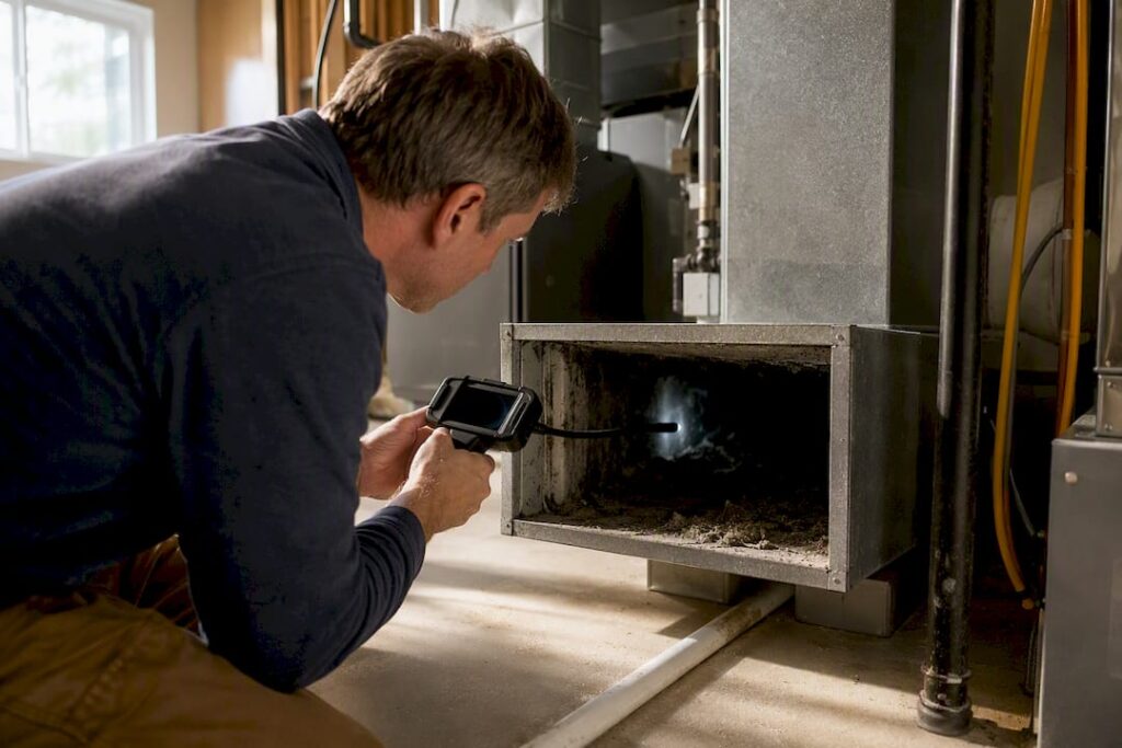 Handheld camera inspecting furnace duct interior
