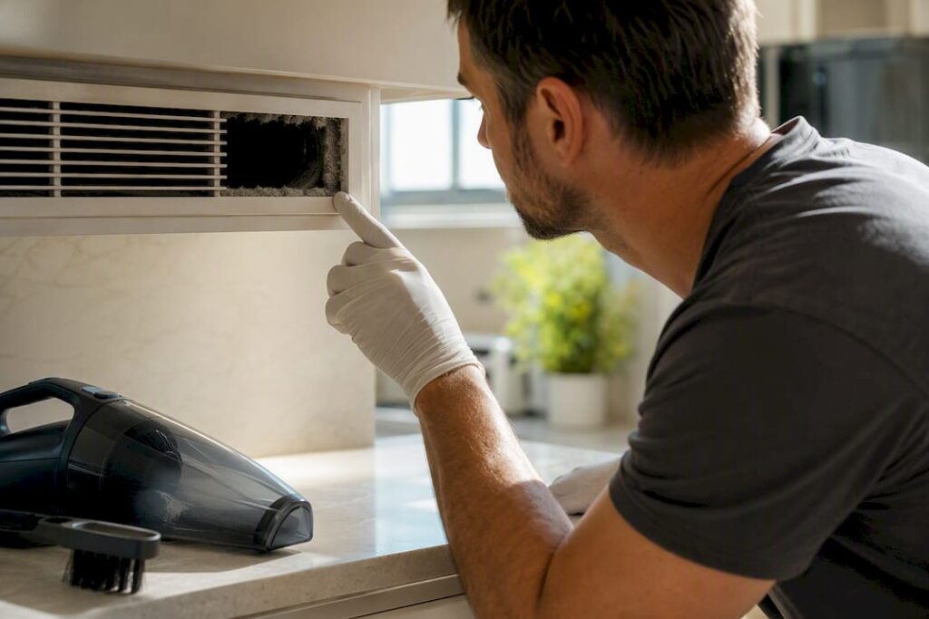 Homeowner removing dust-filled vent grille