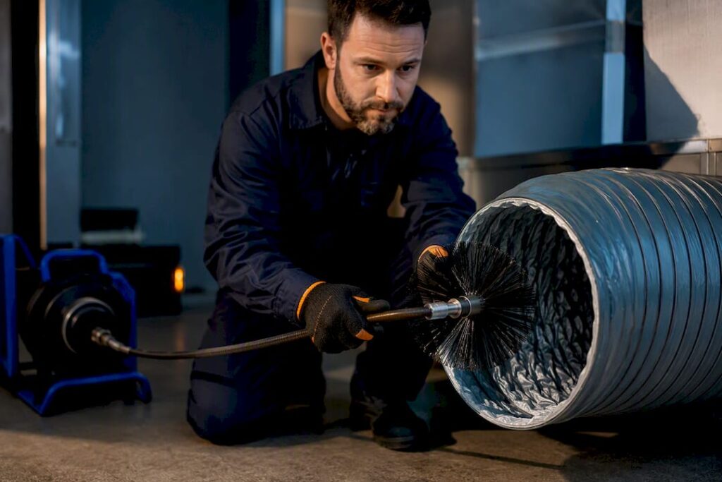 Rotary brush beside flexible duct liner