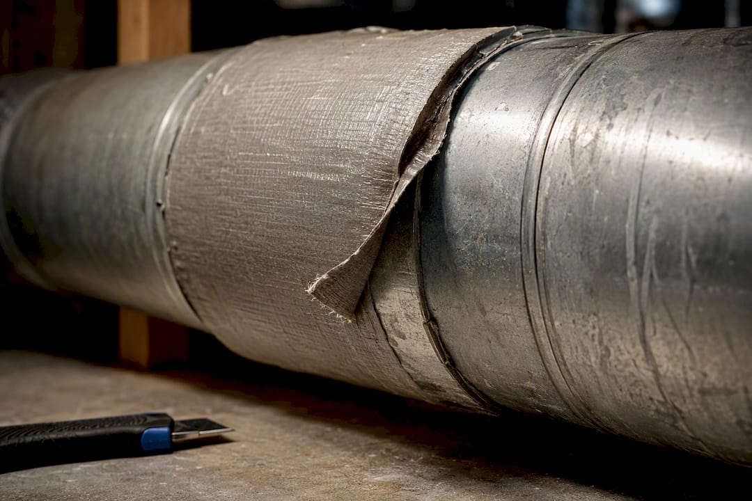 Peeling tape at a leaky duct joint