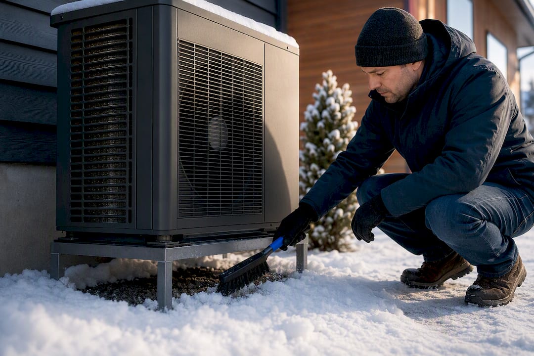Homeowner checking snow around heat pump