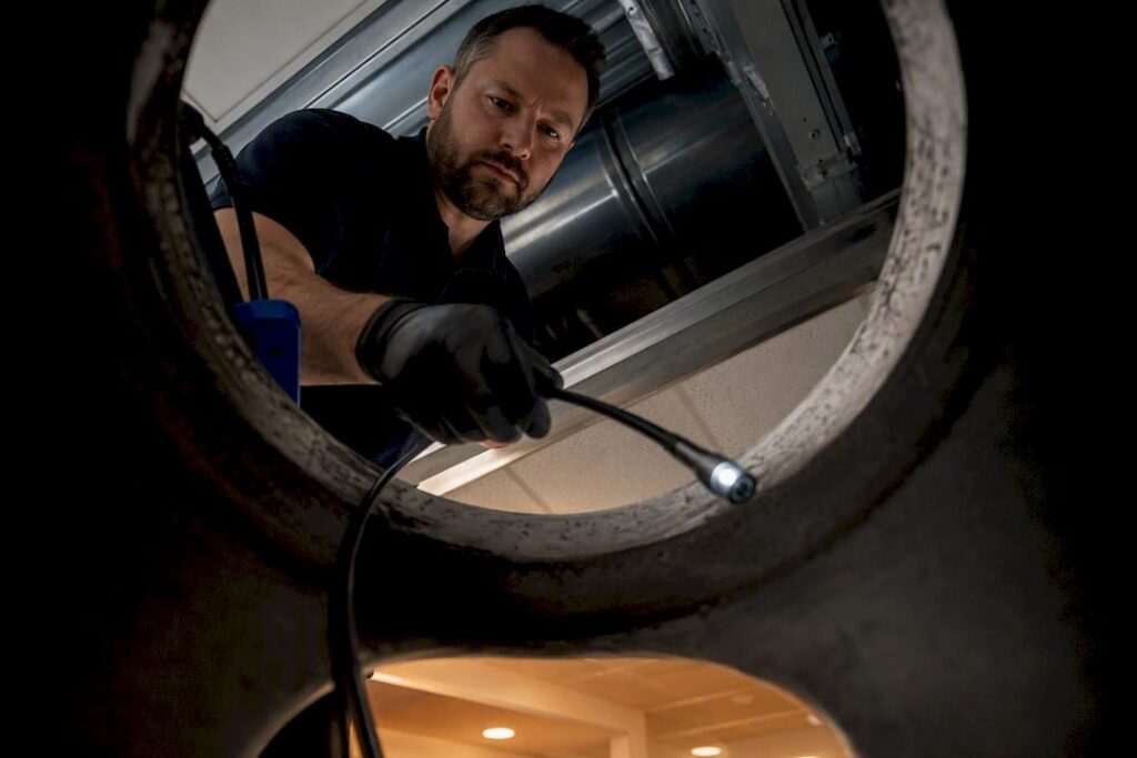 Technician inspecting commercial ductwork with camera