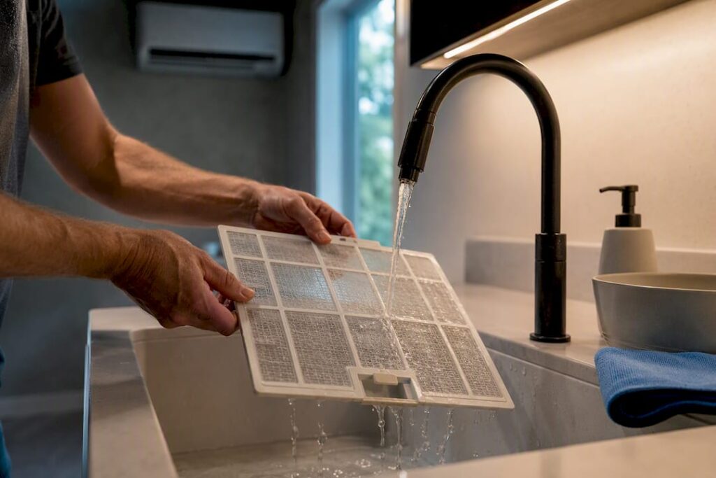 Hands rinsing a mini split air filter